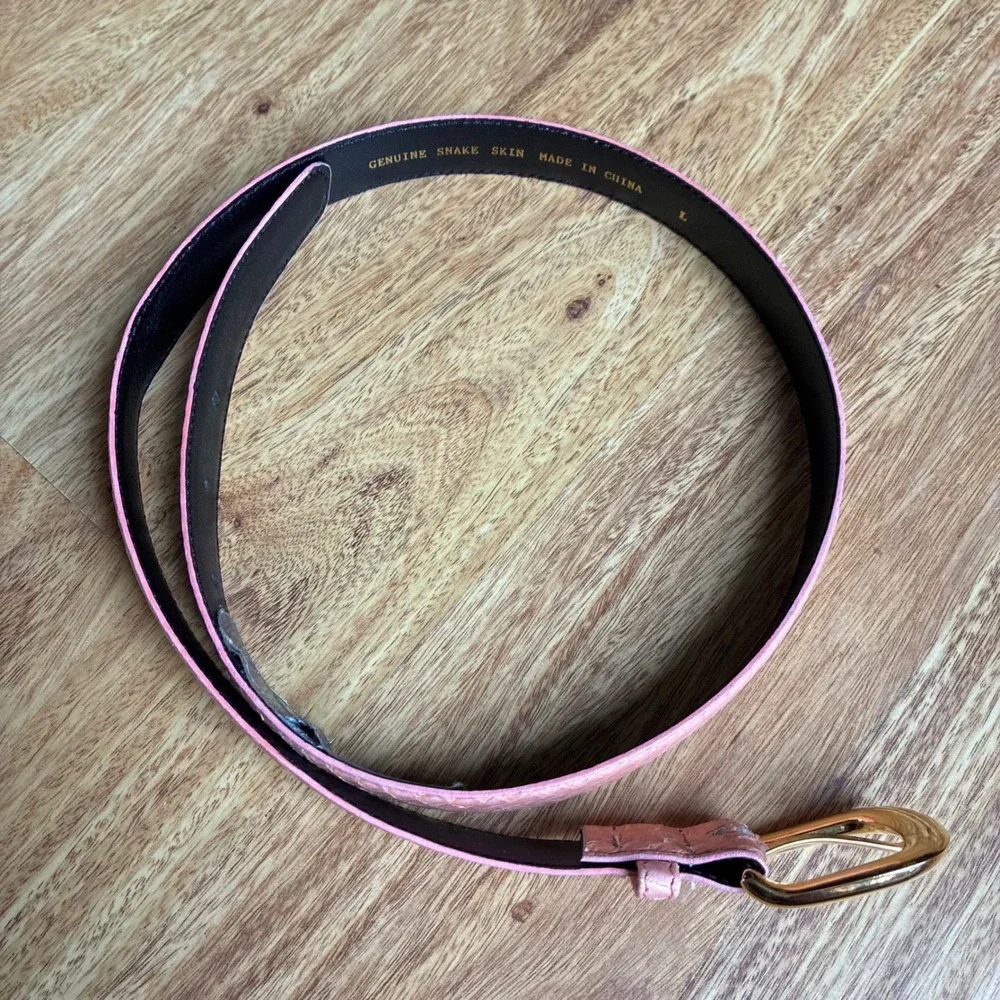 Vtg Pink Genuine Snakeskin Skinny Belt Gold Buckle Large Exotic Reptile Leather